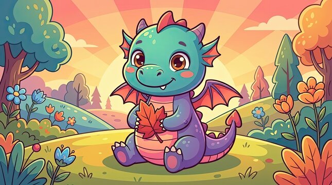 Cute cartoon dragon sitting in meadow holding leaf.