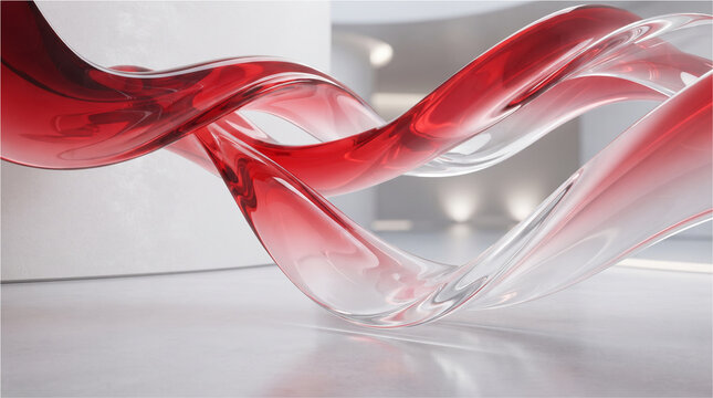 Translucent red glass ribbons flow gracefully through a bright minimalist white architectural space creating a smooth and elegant modern aesthetic