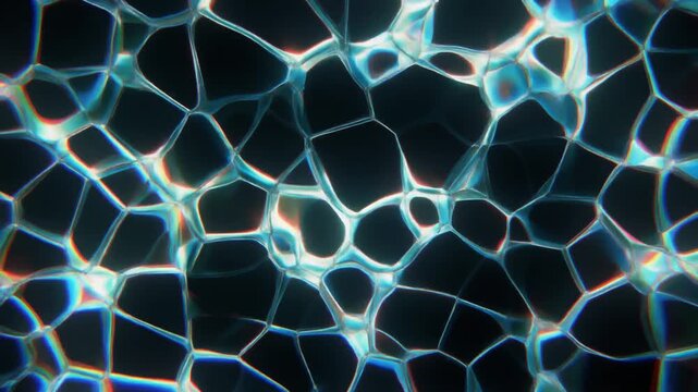 Abstract iridescent caustic web pattern with glowing blue refraction lines and liquid cell movement on a dark background.