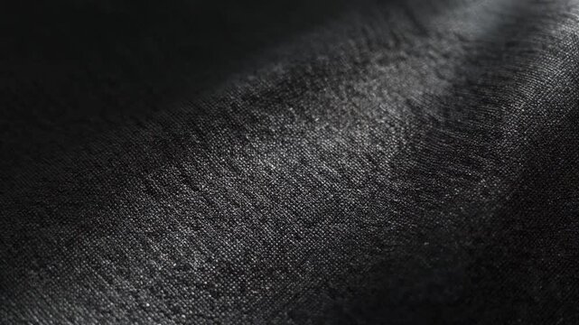 Macro shot of dark black textured fabric with elegant lighting, showing detailed weave structure and gentle folds in modern minimalist aesthetic.