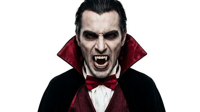 Scary vampire man with sharp fangs looking at camera