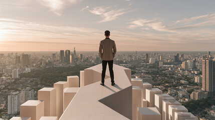 Plakat Business strategy concept man standing forked path city skyline rooftop view decision making success path future choice