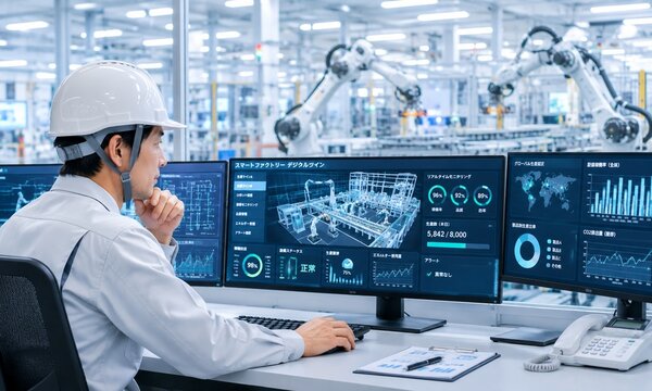 スマートファクトリーで製造設備を監視する生産技術者とデジタル製造管理
