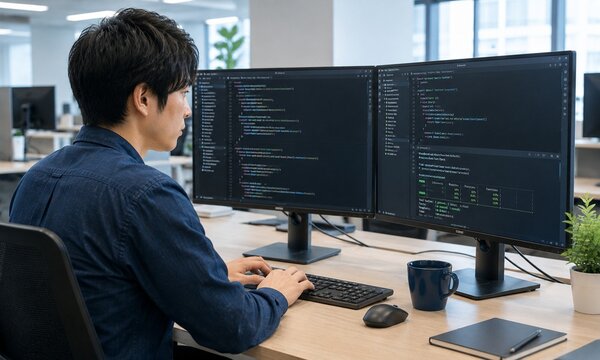 デュアルモニターでプログラミングを行うソフトウェアエンジニアの開発風景