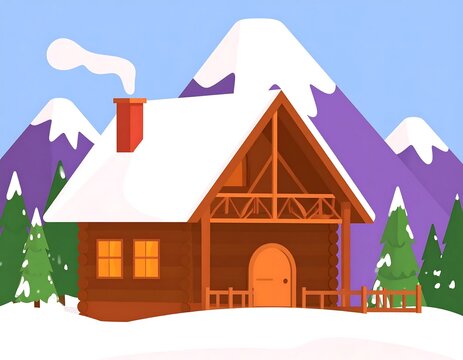 Cozy wooden log cabin in snowy mountain landscape at winter.
