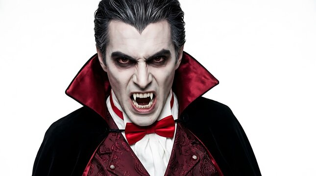Scary vampire man with sharp teeth and red collar