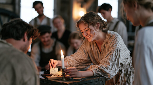 Wainwright restoring a heritage wagon in a twilight workshop pauses to light a single candle and arrange a self-gifted cheese board on a toolbox, a diverse team of apprentices