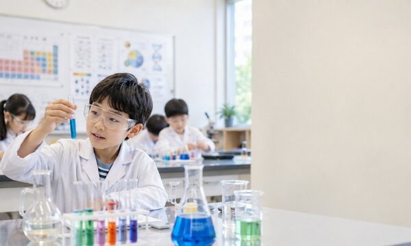 理科の実験で試験管を使い観察を行う小学生の学習風景