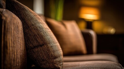 Fototapeta premium Textured woven throw pillow providing soft comfort on a couch with warm ambient lighting in a living room setting.