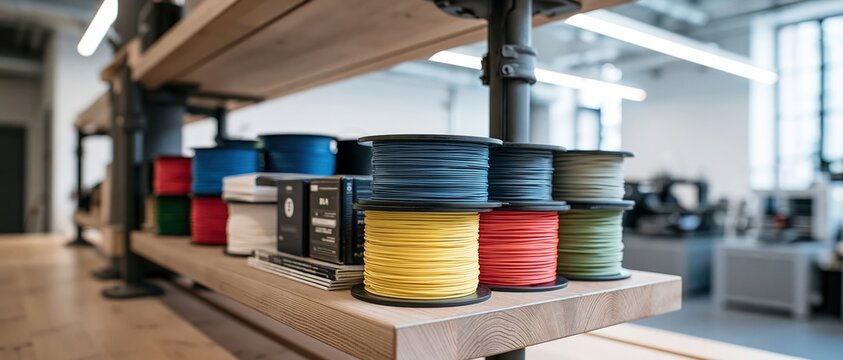 Rows of vibrant PLA filament spools in yellow, red, blue, green and gray line a wooden shelf in a bright, professional makerspace ideal for innovation, rapid prototyping, and fab lab.