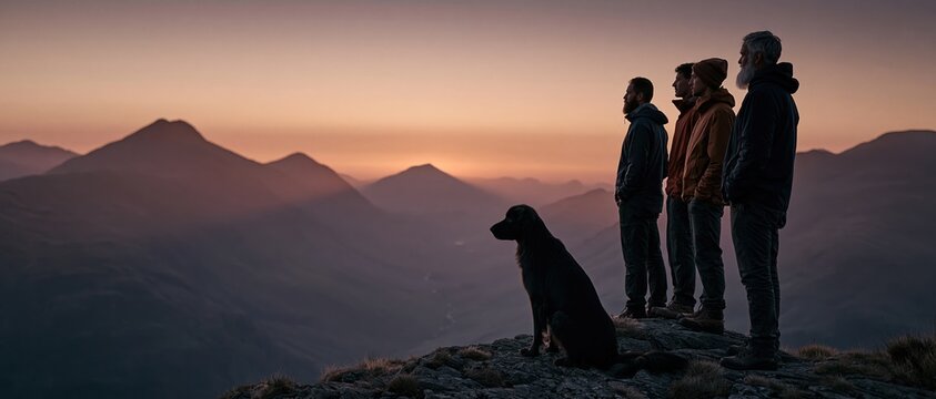 Brotherhood and belonging unite across generations three men and their dog stand silhouetted on a rocky peak, gazing over layered mountain ranges bathed in warm dusk light. Perfect for.
