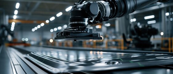 Fototapeta premium Precision robotic automation handles solar panel production on a hightech assembly line. Ideal for clean energy, manufacturing innovation, and sustainable industry campaigns.