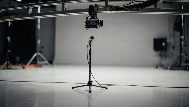 Empty studio set viewed through a robotic camera on a ceiling track focusing on a solo microphone stand while the rest of the scene is blurred.