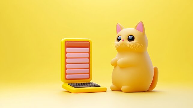 Adorable Orange Cartoon Cat with Yellow Laptop on Yellow Background
