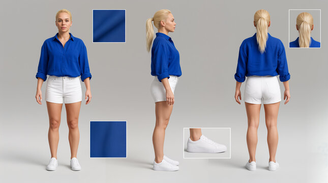 Blonde woman outfit reference sheet showing front side and back views with blue shirt fabric details.