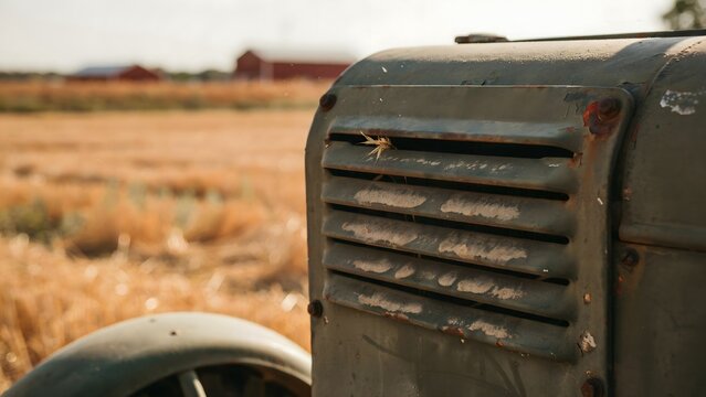 Close-up of an old rusty tractor engine in a rural farm environment