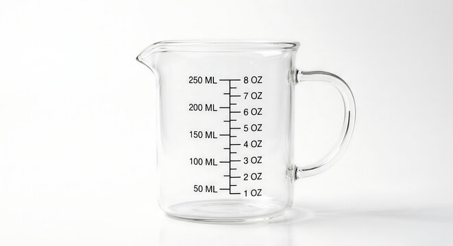 Glass Measuring Cup for Kitchen: A clear glass measuring cup with precise markings in milliliters and ounces, featuring a handle and pouring spout, ideal for culinary precision.