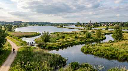 Fototapeta premium Serene countryside landscape with winding river and green fields.
