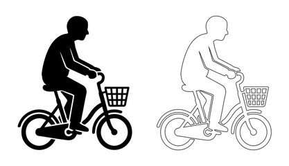 Fototapeta premium Man riding bicycle with front basket vector set silhouette and line art outline icon for cycling eco friendly transport city commute and active lifestyle