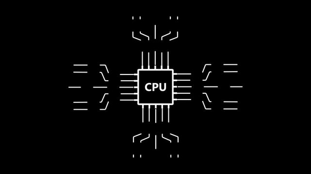 Digital CPU processor icon animation with data flow lines for technology and computing concepts on black background.