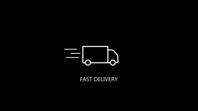 Fast delivery moving truck icon animation for e-commerce, logistics and express shipping with minimalist white line on black background.