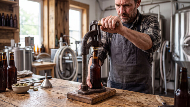 Man in a craft brewery using a manual bottle capper to seal amber beer bottles.