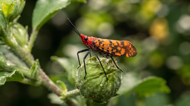 bast quality  red-morph planthopper belonging to the genus Lycorma (such as the red color morph of Lycorma meliae) with green plant''