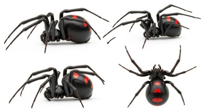 Black Widow Spider Latrodectus mactans Collection Isolated on White Background - Four Different Views of Venomous Arachnid
