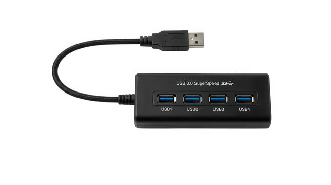 Black usb hub adapter with four ports for connecting multiple computer devices and accessories