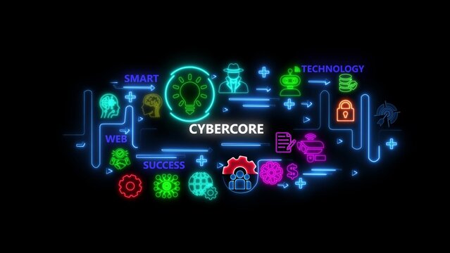 Neon cybercore concept with glowing and technology symbols