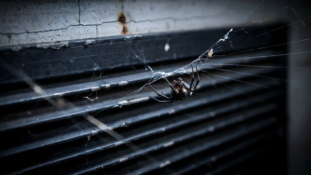 Close-up of a spider on a web on an industrial vent with wall background