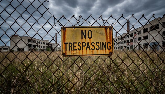 A rusty "NO TRESPASSING" sign on a chain-link fence in front of overgrown grass and abandoned industrial buildings under a dark, cloudy sky.