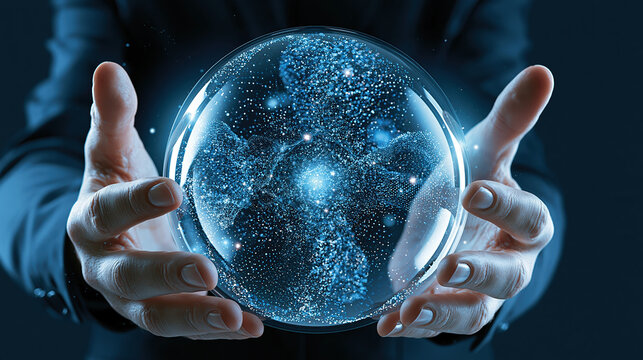 Hands protecting glowing glass globe, data privacy and network security concept with blue light and digital particles