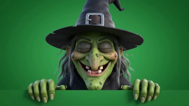 3d illustration of a cartoon green witch character peeking over a blank green sign 4k video