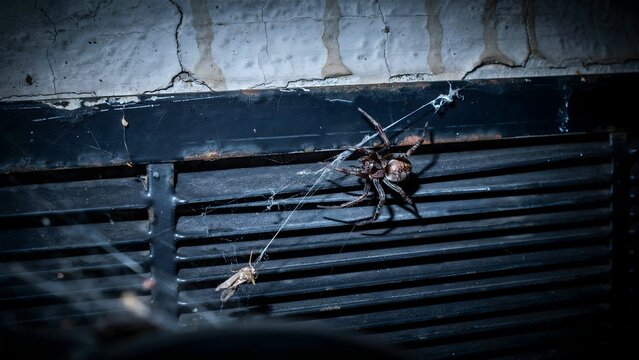 Close-up of a spider on a dark vent with a web and a small insect in an indoor setting