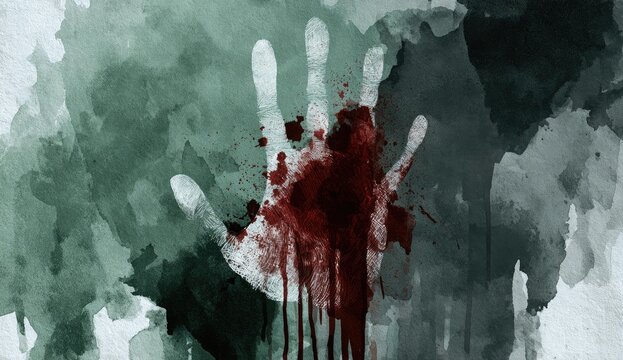 Abstract Bloody Handprint on Dark Textured Background.