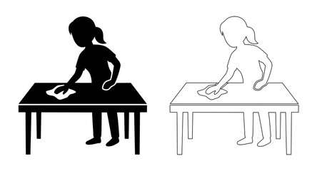 Little girl wiping table vector set silhouette and line art outline icon for child doing housework cleaning duties and responsibility concept