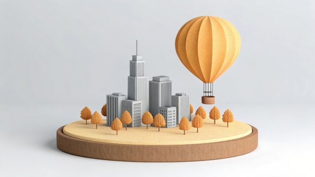 A small 3d model of a city with tall grey buildings and an orange hot air balloon flying over a park with trees