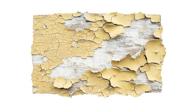 A square patch of old yellow paint peeling off a weathered white wall surface isolated on white background