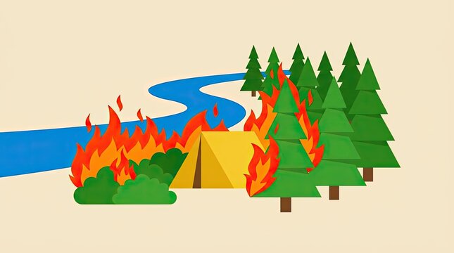 Forest fire burning campsite near river and trees.