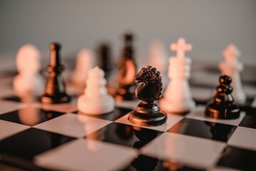 Black chess knight piece on chessboard with warm lighting, business strategy, tactical decision and leadership concept © Pure Asset