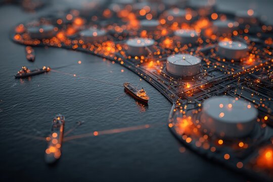 An imposing infrastructure: aerial glimpse of oil and gas storage solarium. Social connection idea. Aerial perspective of expansive petrochemical terminal with strategic tank arrangement.