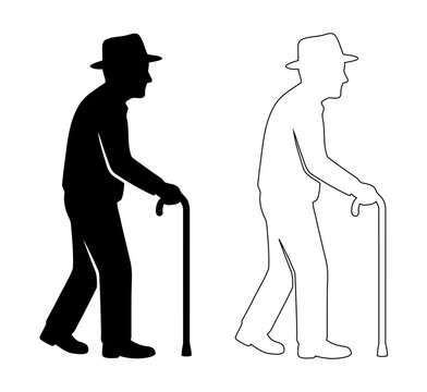 Elderly man with hat walking with cane vector set silhouette and line art outline icon for senior healthcare mobility aid and retirement life