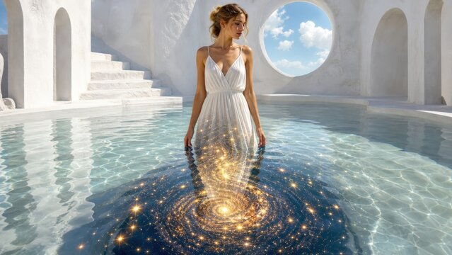 Surreal high-key portrait of a woman whose water reflection transforms her dress into a golden starry galaxy. Elegant aesthetic visual for beauty brands.