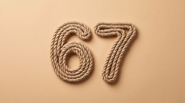 Flat lay of numbers 67 formed from twisted jute rope, shot from above with soft shadows in a warm minimalist mood against a beige background