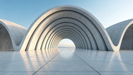 Fototapeta premium Modern architectural tunnel with curved concrete arches and bright light at the end of the long passageway