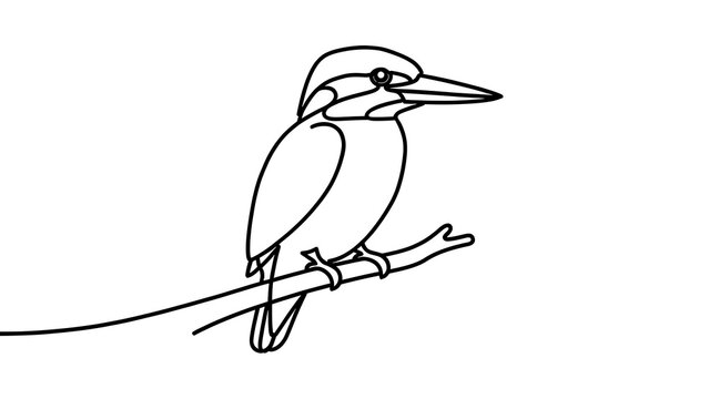 Kingfisher bird illustration on branch white background.