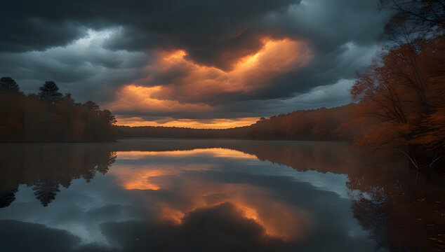 stormy autumn lake reflection illustration