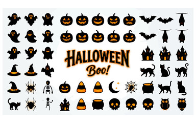 Fototapeta premium Halloween icons set features various spooky silhouettes including pumpkins, ghosts, and bats.