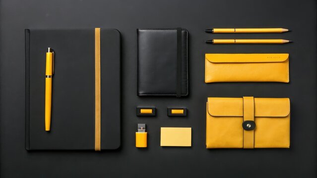 Set of black and yellow office stationery items including notebook pen wallet and business card on a dark surface